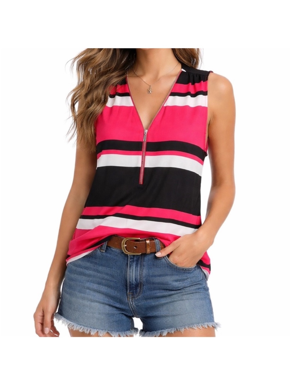 INC International Concepts Pink Black White Striped Sleeveless Zip Front Tank